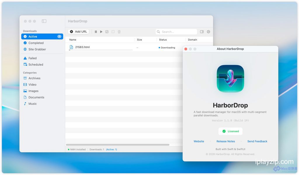 原生IDM风格Mac下载器 HarborDrop v1.3.8 破解版操作界面