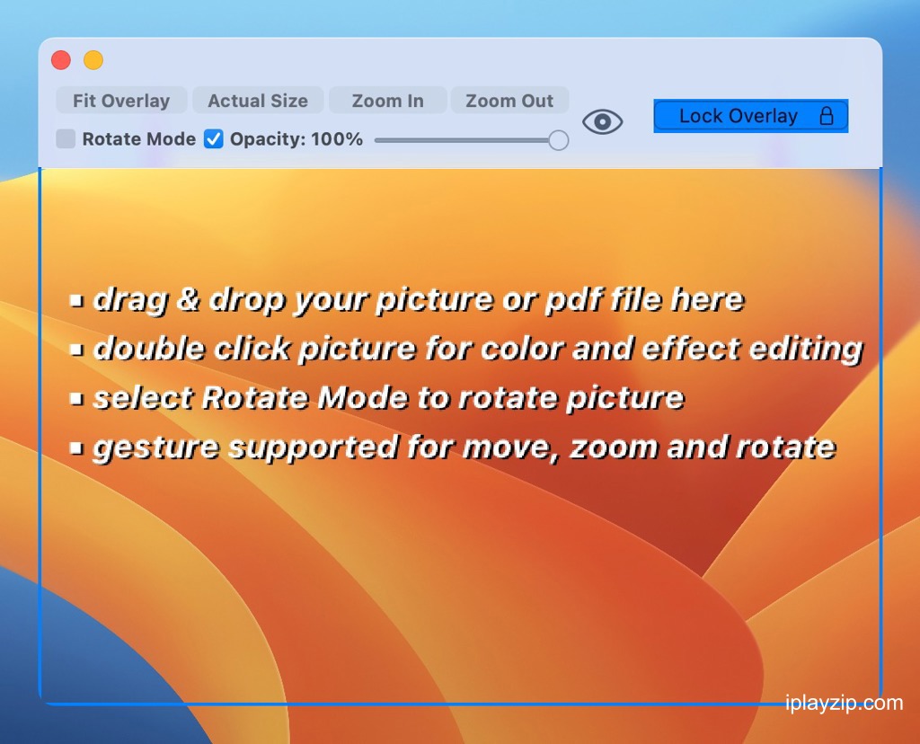 图像和文档透明显示工具 Overlay v4.40 MacOS 破解版 图像和文档透明显示工具 Overlay v4.40 MacOS 破解版操作界面